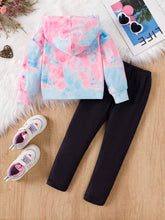 2pcs Girls Fashion Tie Dye Letter Print Hooded Sweatshirt + Slim Fit Pants Set